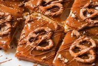 Chewy Caramel Cookie Bars with Salted Caramel Drizzle
