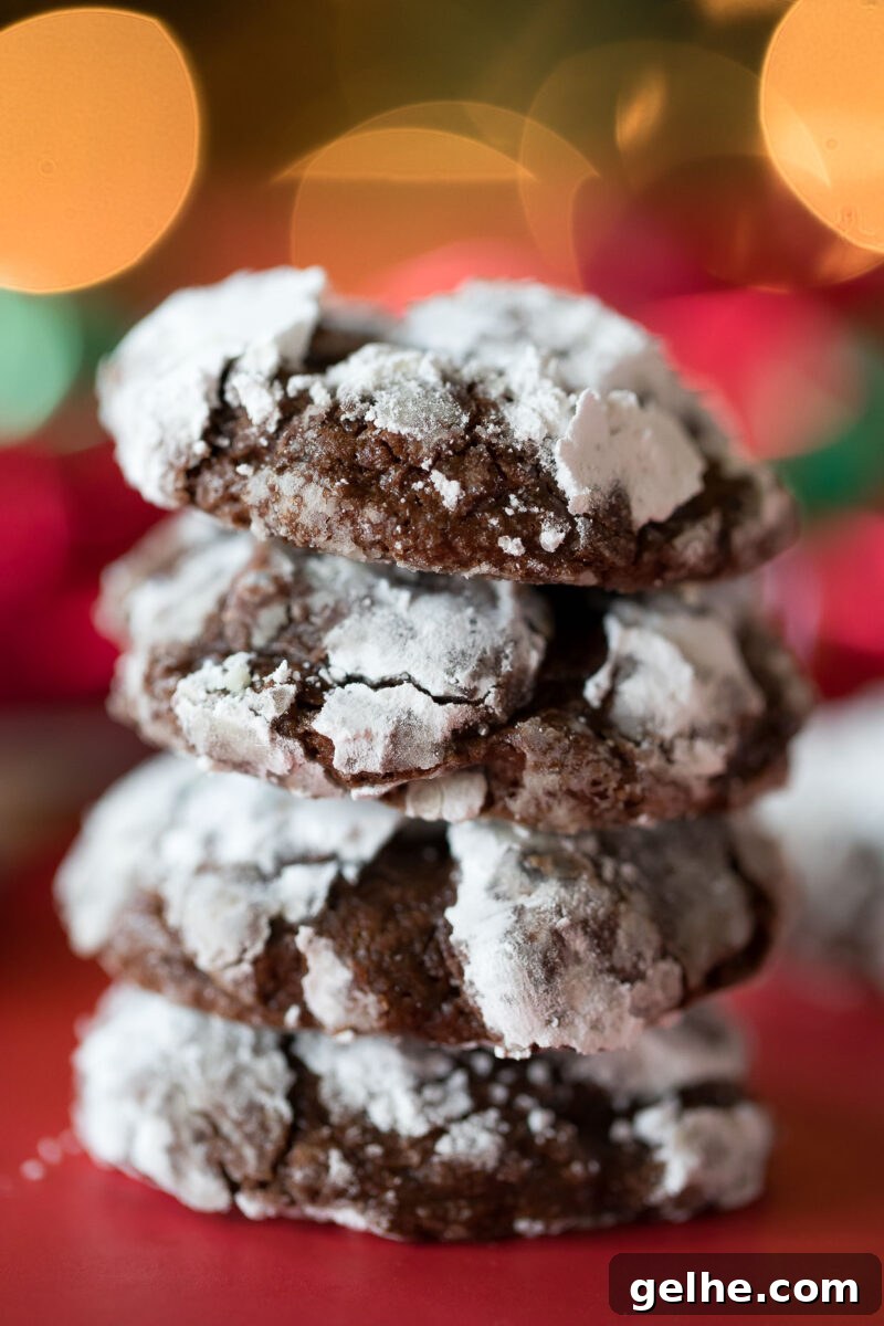 stack of brownie style Chocolate Crinkle Cookies
