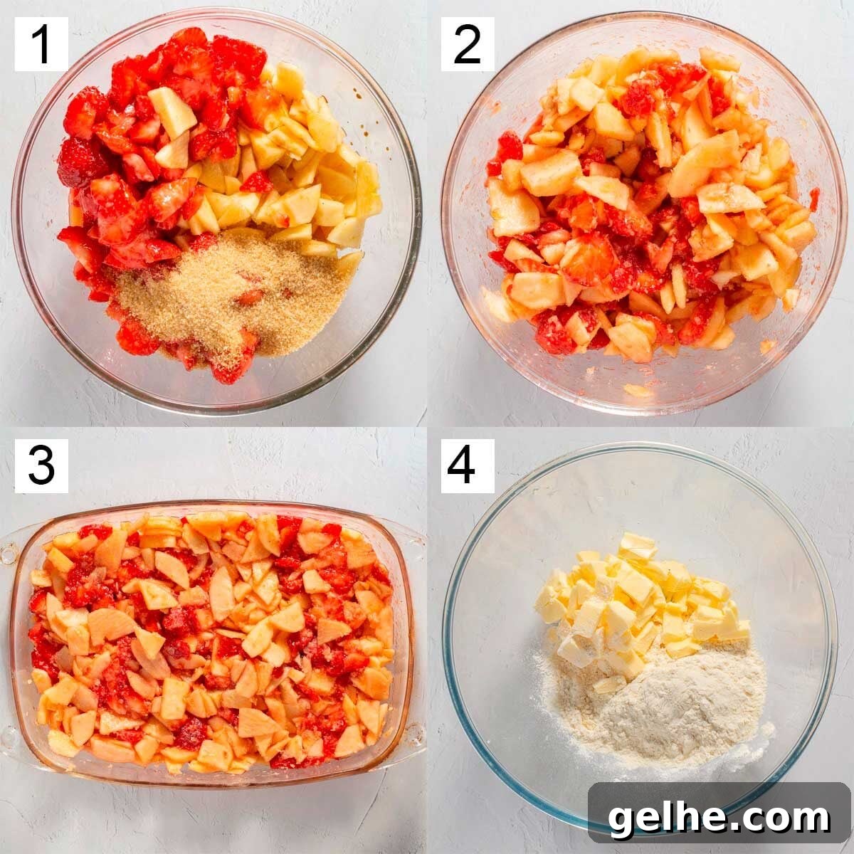 Labelled numbered shots of making a recipe including chopped strawberries and apple in a bowl, mixed with sugar, in a plate, and then a bowl of butter and flour.