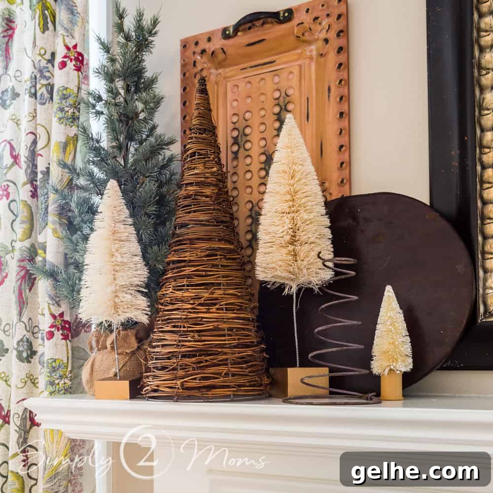 Cozy Neutral Vintage Farmhouse Winter Mantel Ideas 4 winter fireplace mantel with assorted miniature trees