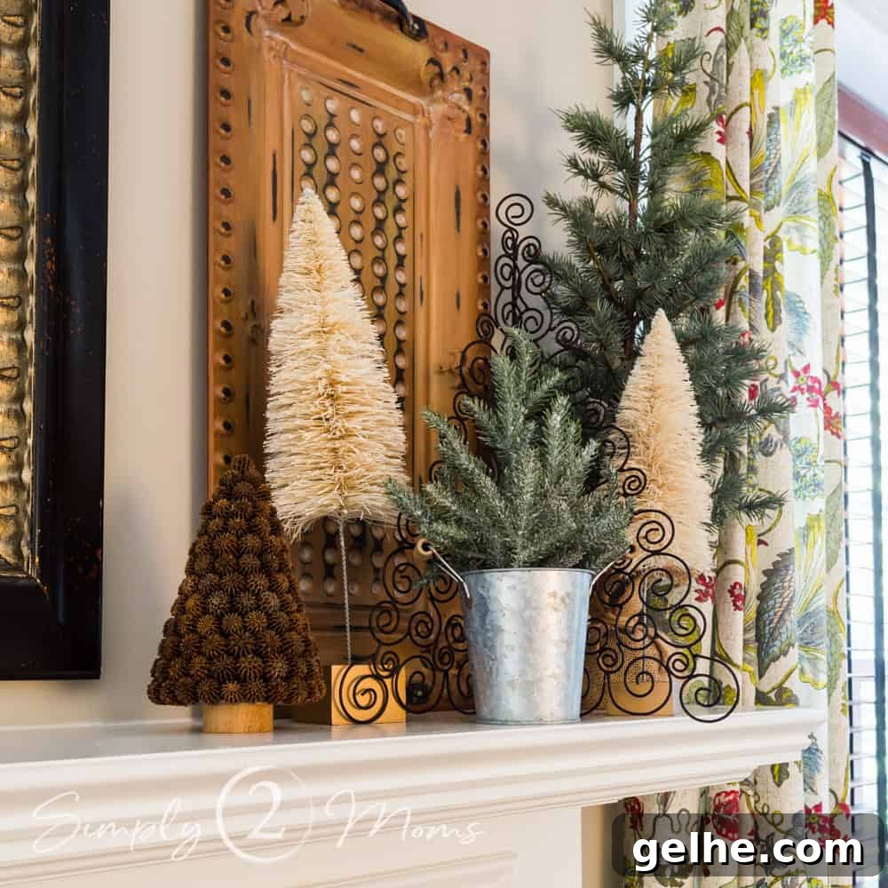 Cozy Neutral Vintage Farmhouse Winter Mantel Ideas 5 winter fireplace mantel with assorted miniature trees