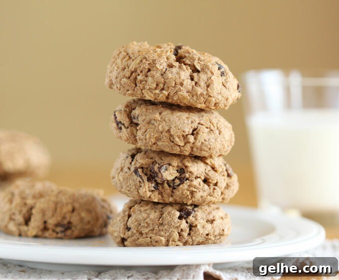 Stack of four chubby cookies on a white plate.
