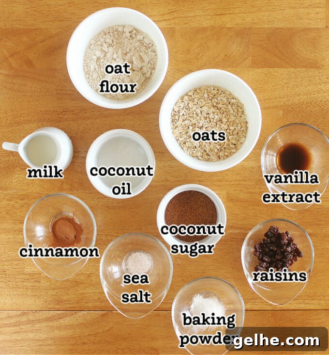 Various ingredients laid out on a table, including oats, coconut sugar, and baking powder.