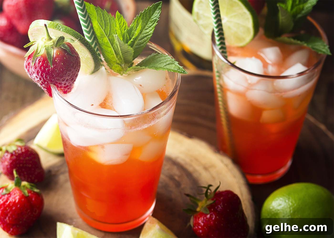 Close up of two drinks each filled with ice and garnished with fruit and mint.