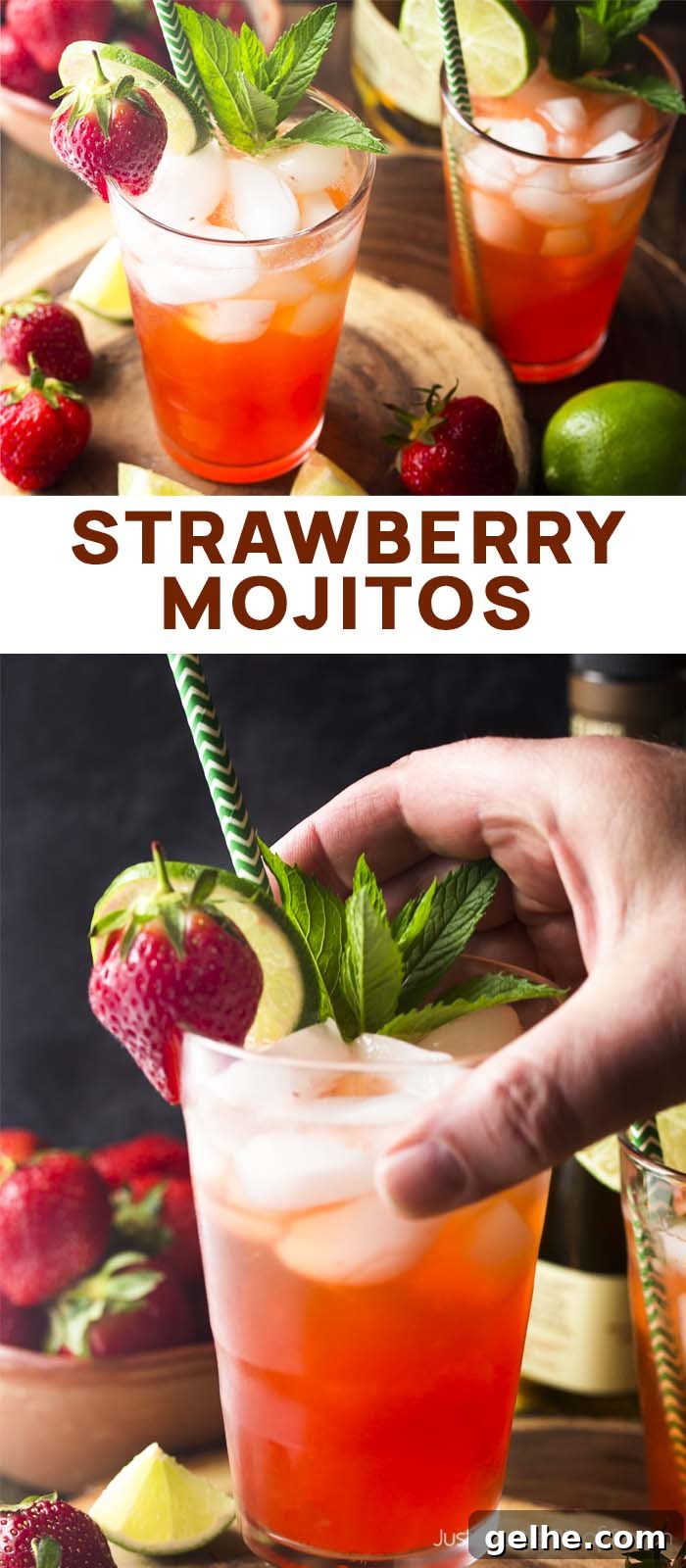 Two views of a cocktail in a tall glass with a straw and text overlay - Strawberry Mojitos.