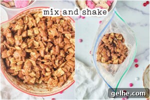 mixing bowl with chocolate coated chex and bag of powdered sugar.