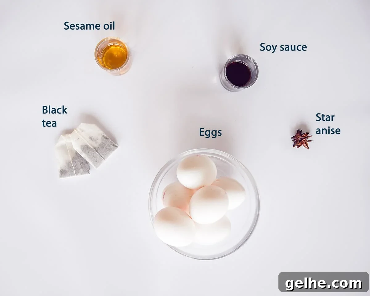 How to Make Chinese Tea Eggs: Savory Marble Egg Recipe 3 Ingredients Tea Eggs Recipe on a white background with text description