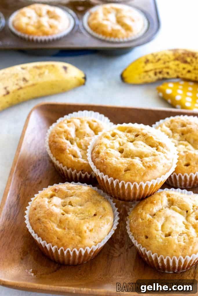Banana and Cottage Cheese Muffins with Moist Texture 3 banana cottage cheese muffins on wood plate