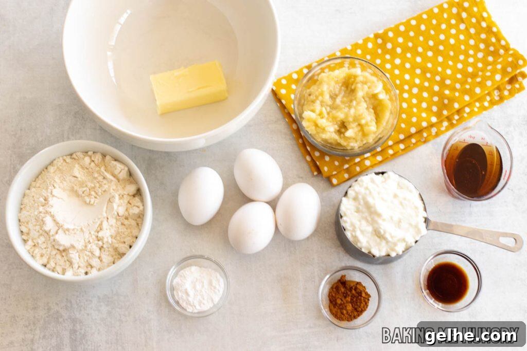 Banana and Cottage Cheese Muffins with Moist Texture 4 ingredients in bowls and measuring cups