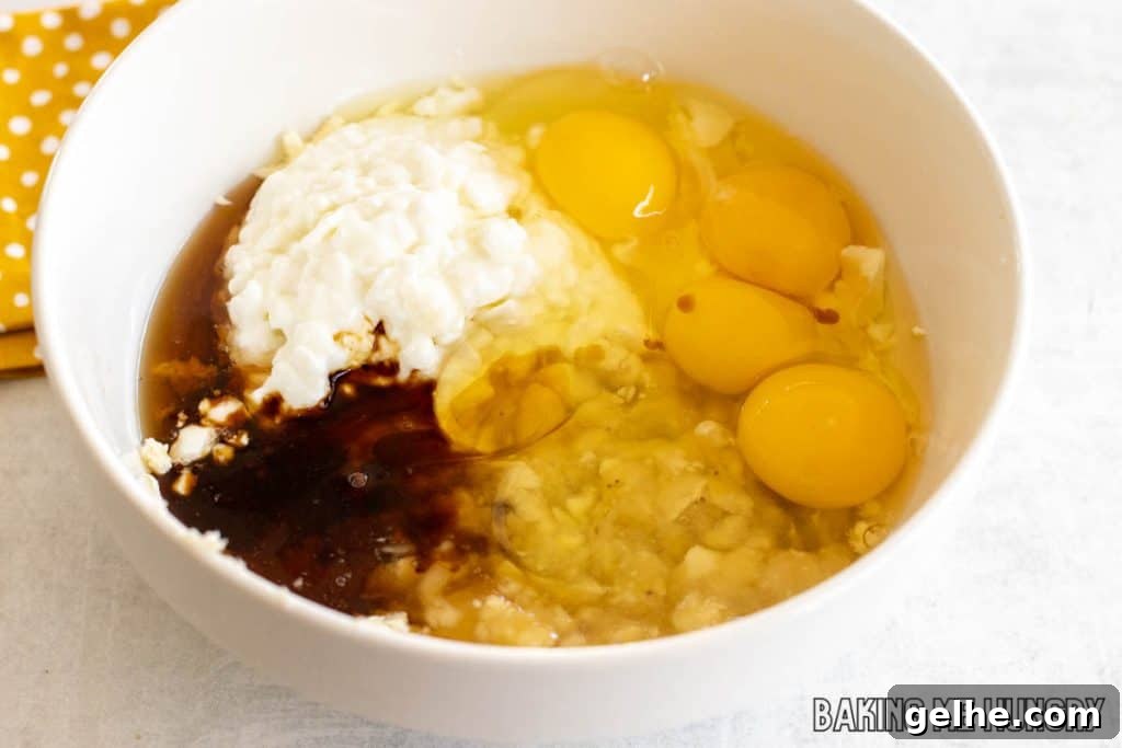 Banana and Cottage Cheese Muffins with Moist Texture 6 ingredients in mixing bowl