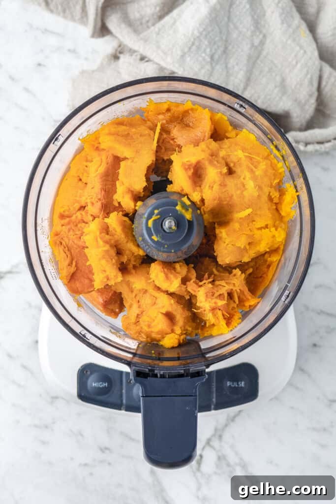 How to Make Smooth Homemade Pumpkin Puree for Baking 10 Cooked pumpkin in a food processor.