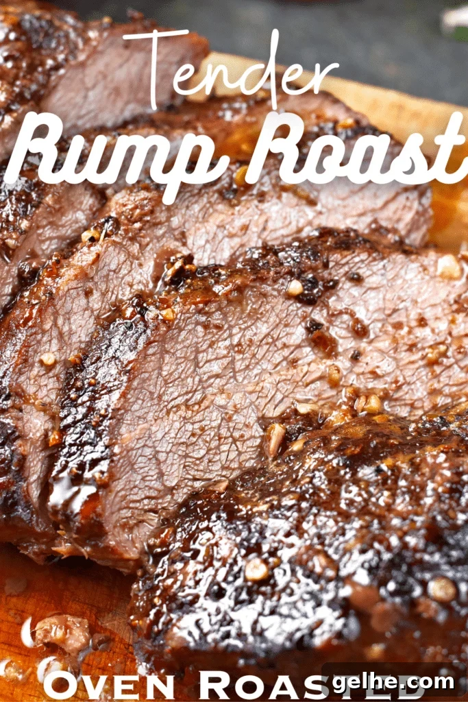 rump roast sliced with au jus and text