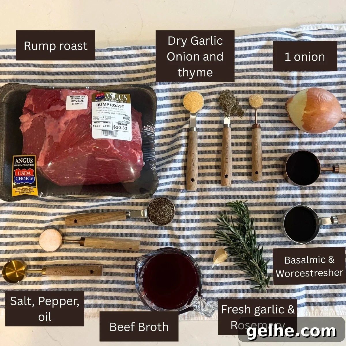 rump roast, salt, pepper, oil, ga rlic power, onion powder, onion, thyme, garlic, rosemary, beef broth, Worcestershire sauce and balsamic vinegar