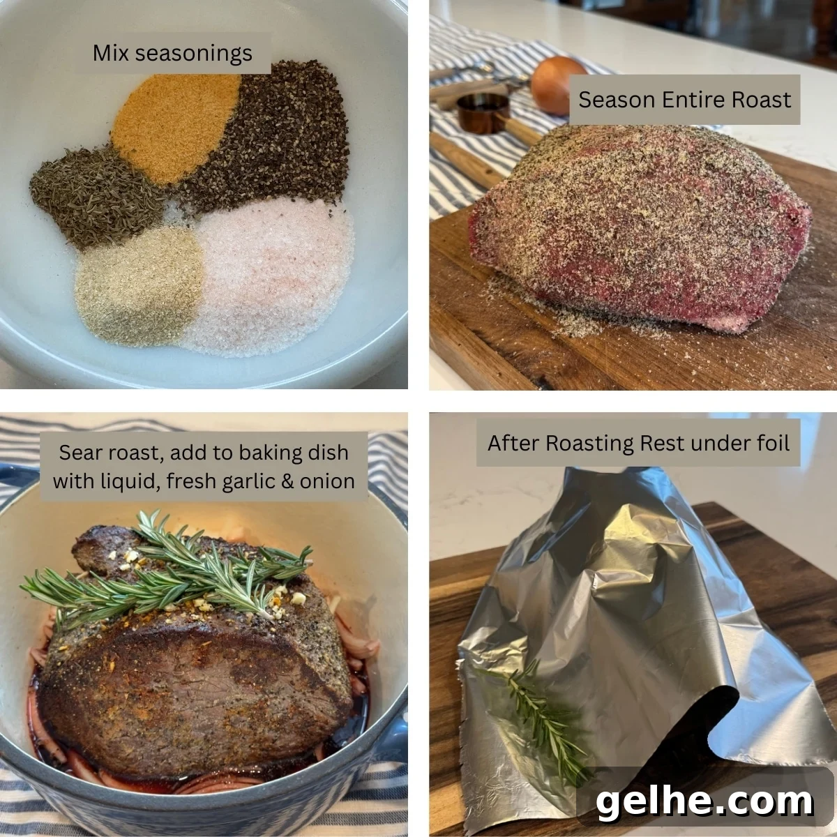 steps to cooking rump roast combine seasonings, season roast, sear and add to pot with liquids, garlic and onion