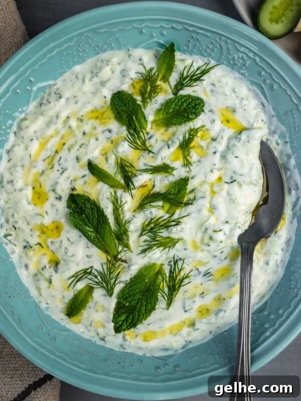 Tzatziki dip in a bowl garnished with mint, dill and a drizzle of olive oil with a side of pita and cucumber slices.