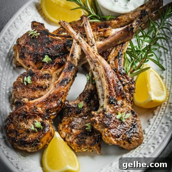 Grilled and marinated Greek lamb chops on a platter with rosemary and lemon wedges.
