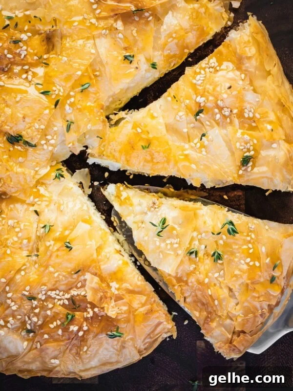 Greek cheese pie slices on a wooden board.