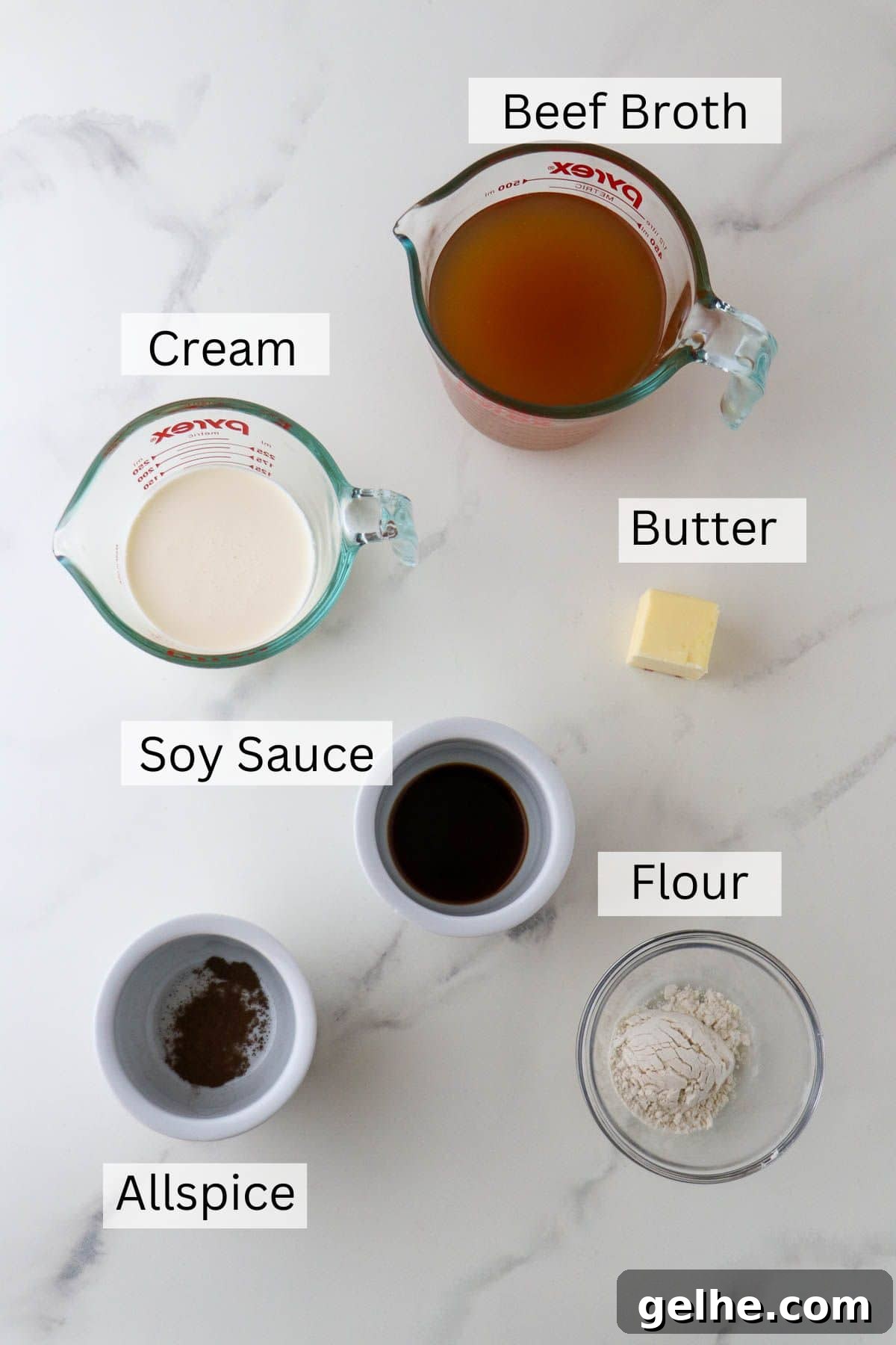 Labeled ingredients for Danish Meatloaf gravy.