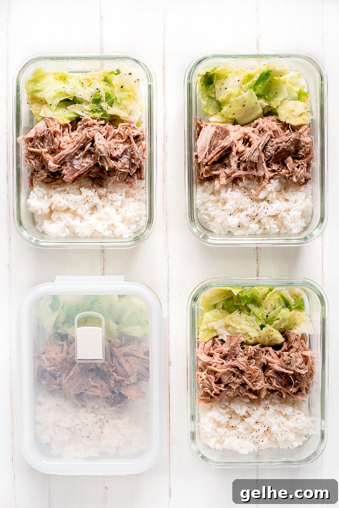 Meal Prep Instant Pot Kaula Pork in 4 glass containers along with rice and cooked cabbage.