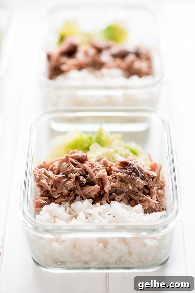 Meal Prep Instant Pot Kaula Pork in glass containers along with rice and cooked cabbage.
