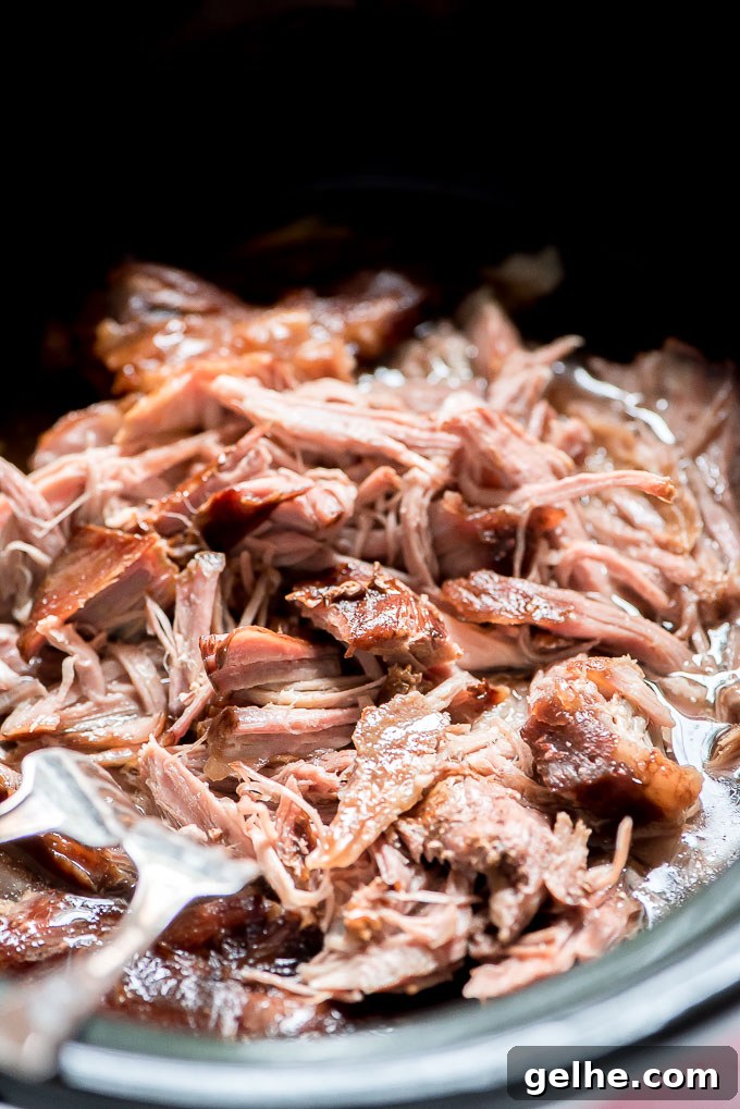 Close up of shredded Slow Cooker Kalua Pork.