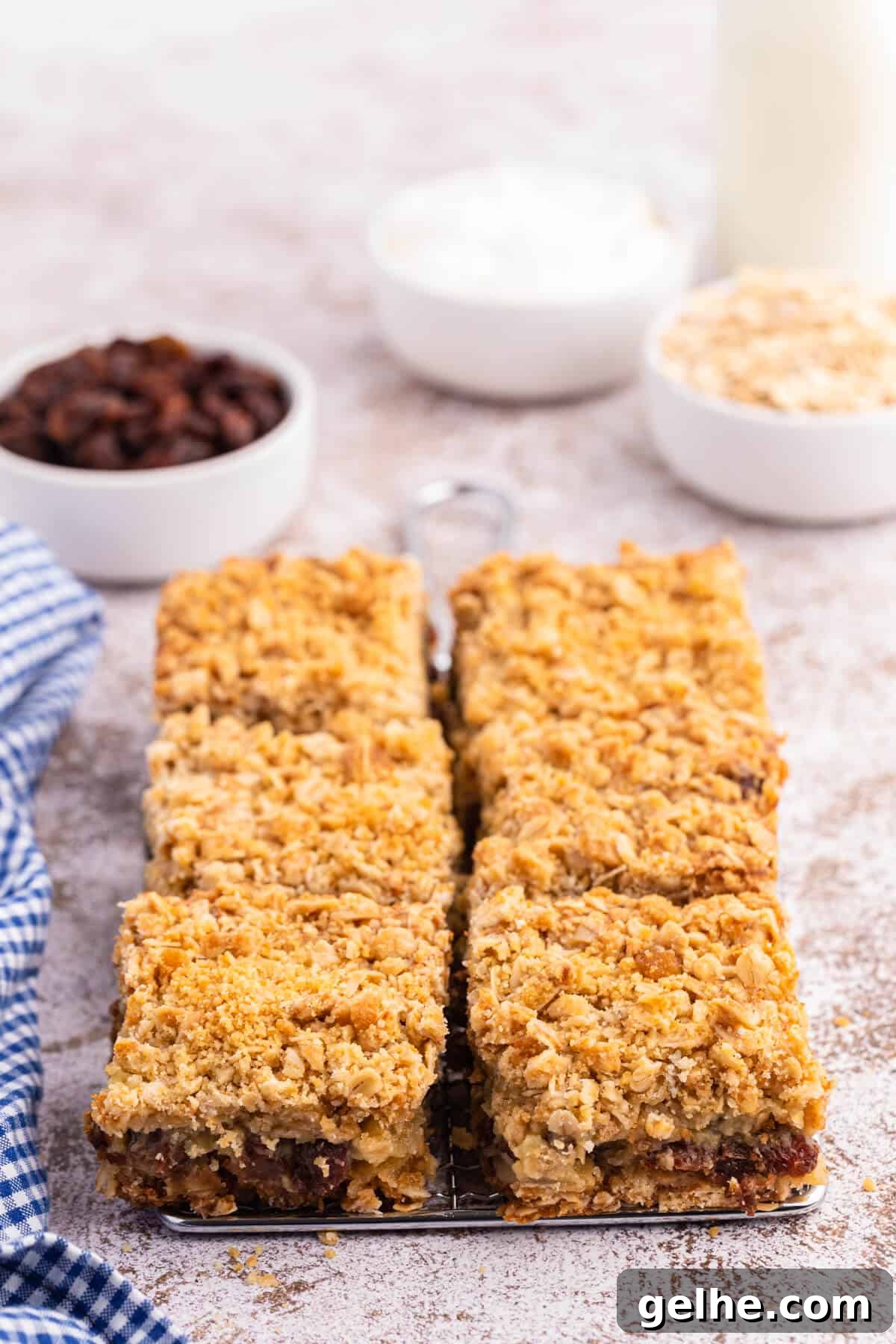 Sour cream raisin bars cut into squares on a wire rack.