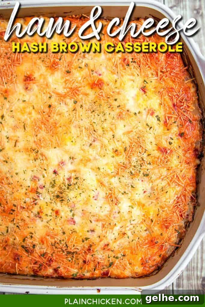 scoop ham & cheese hash brown casserole in a baking dish