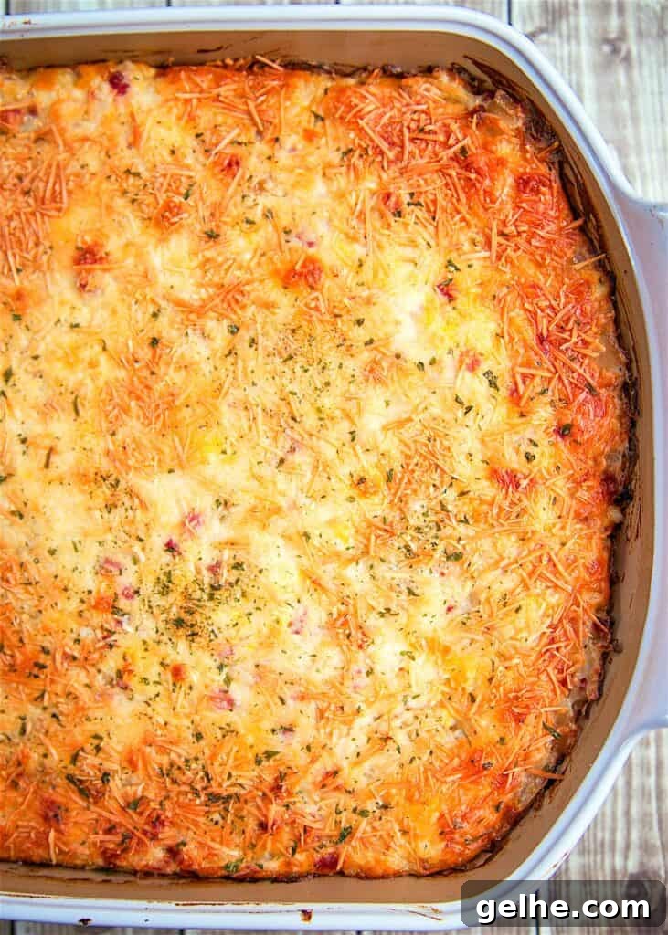 baking dish of ham and cheese hash brown casserole