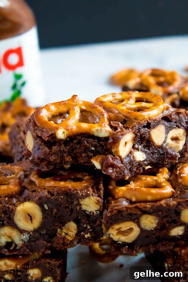 Nutella Pretzel Brownies with pretzels on top
