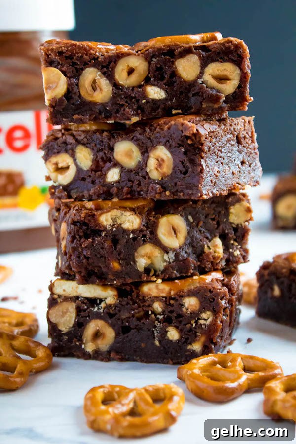 Nutella Pretzel Brownies stacked