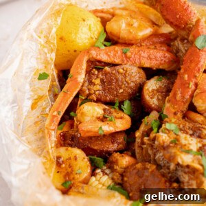 Cajun seafood boil in a bag on a countertop.