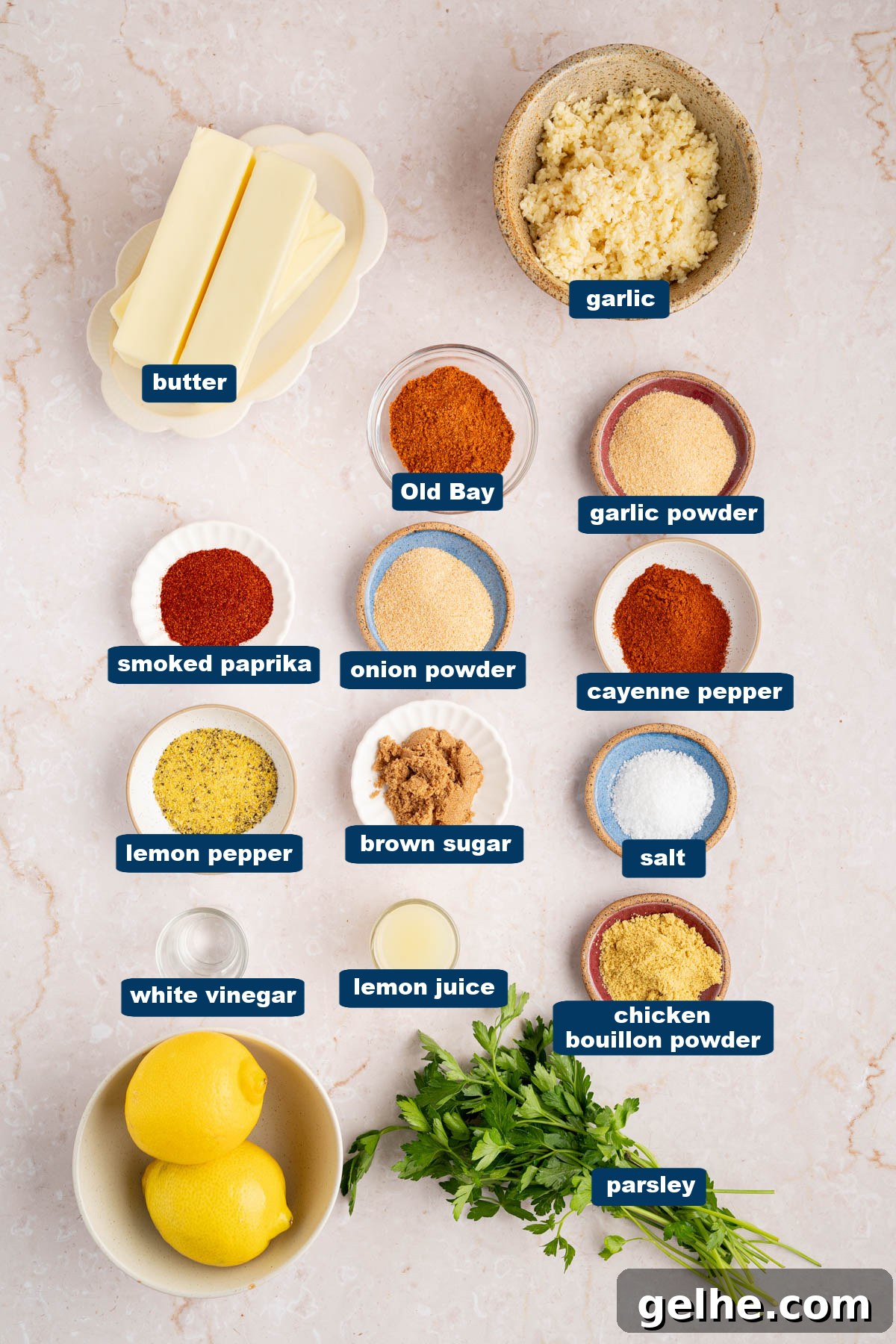 The ingredients for the sauce in bowls on a countertop.