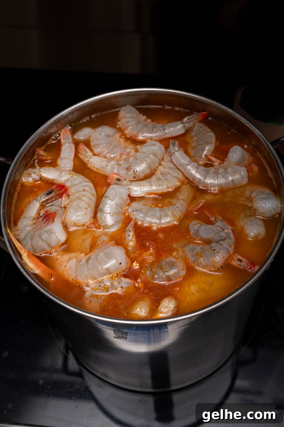 The shrimp in the stock pot with everything else for the boil.