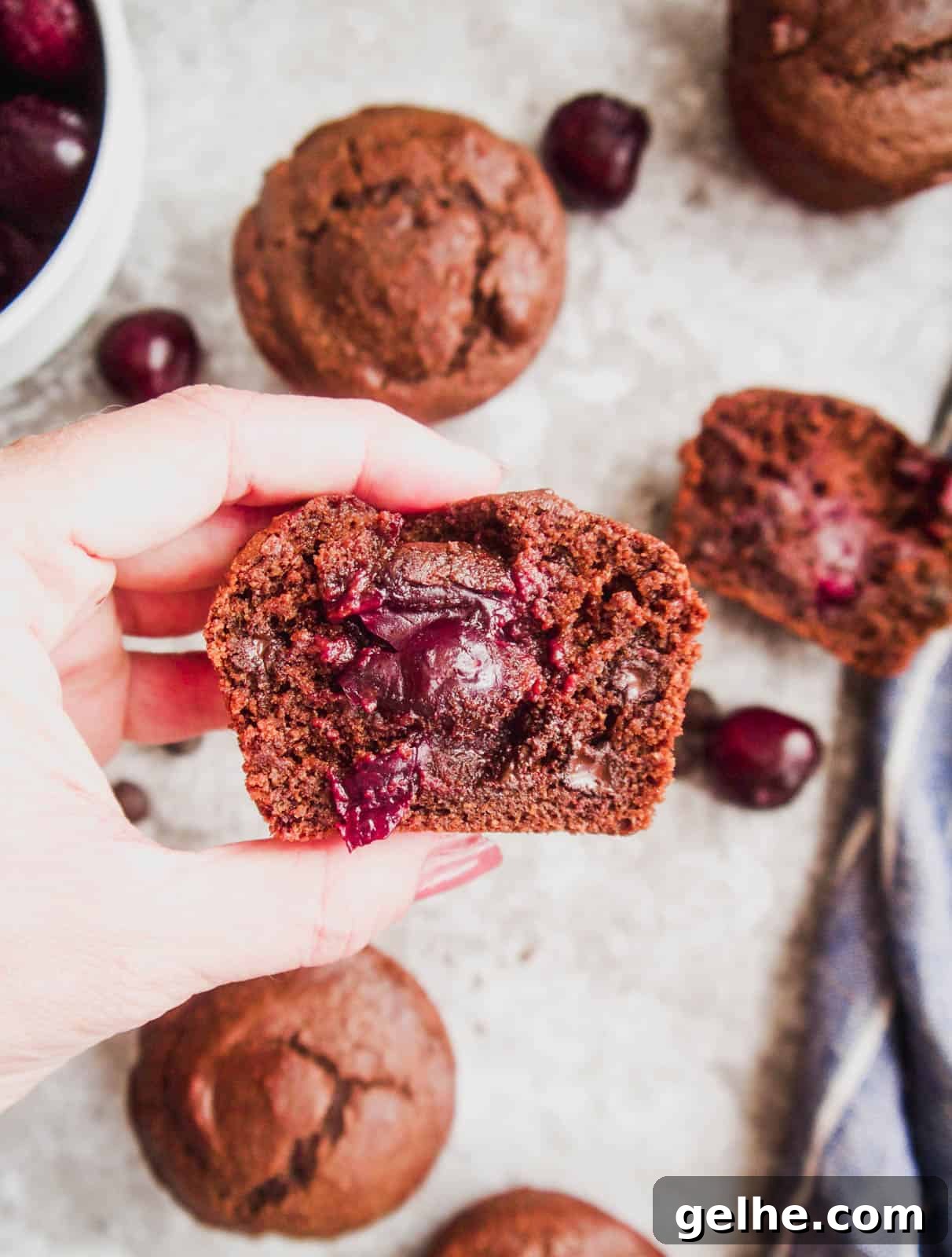 Paleo Chocolate Cherry Muffins — Gluten-Free Recipe 3 Paleo cherry muffin cut in half.