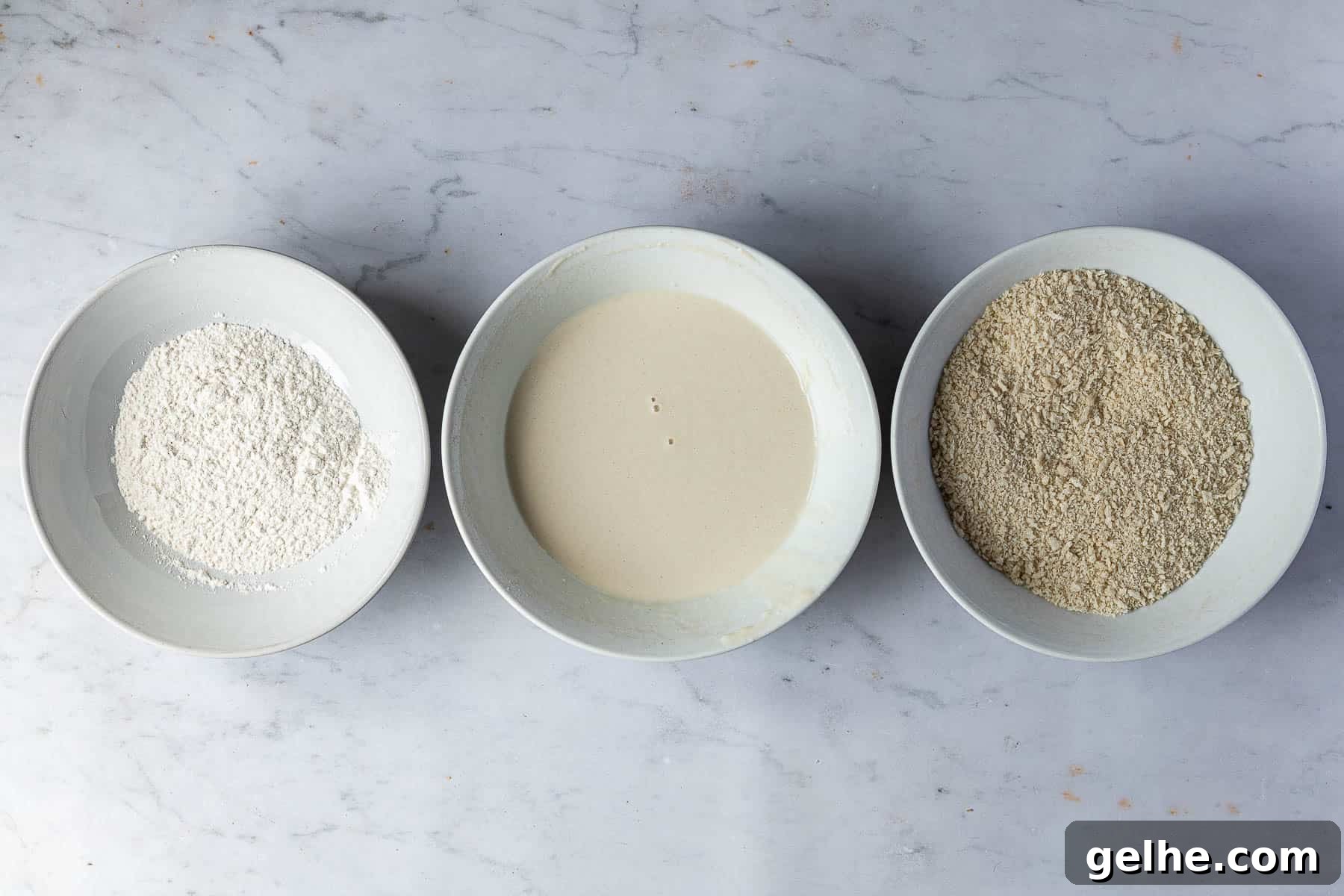Step 8, the flour, batter and breadcrumbs for coating.
