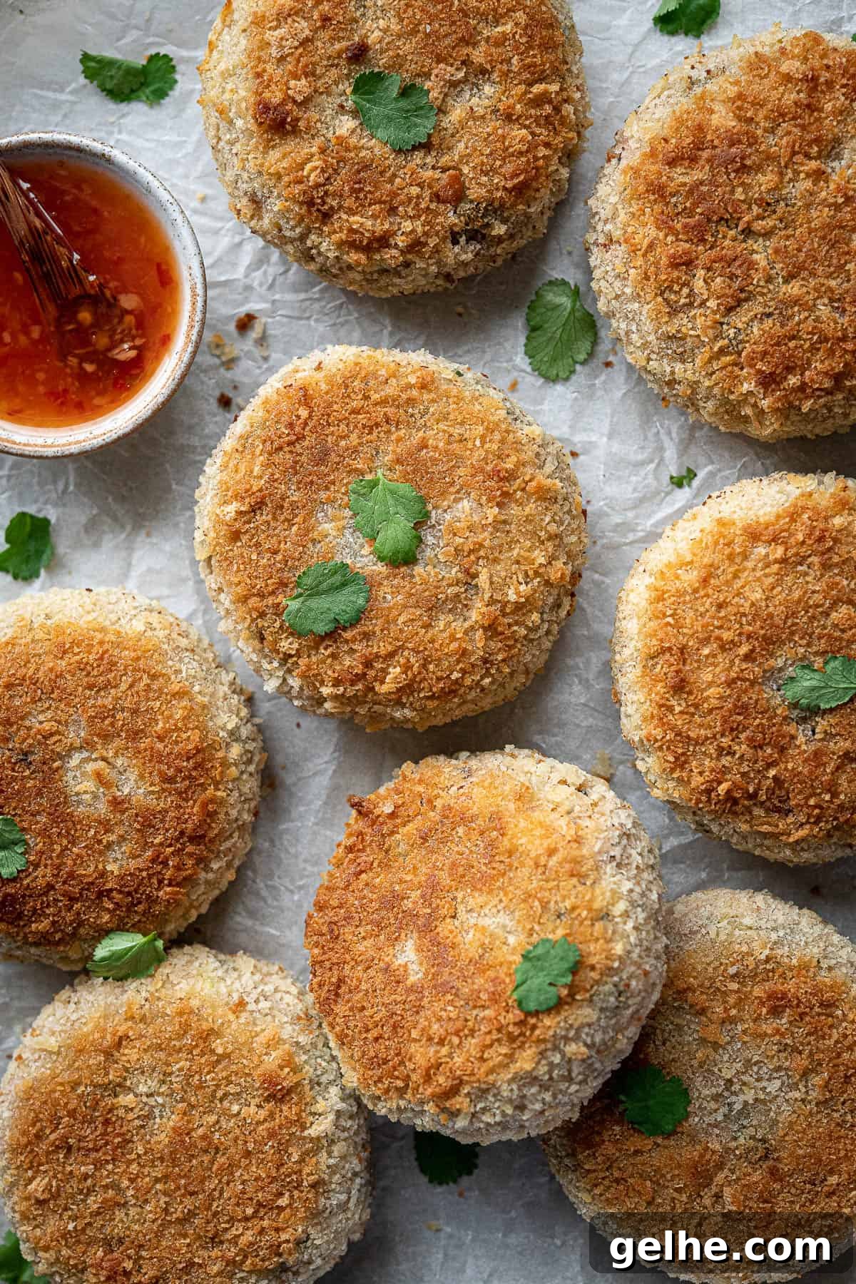 Close up of vegan Thai red curry fish cakes.