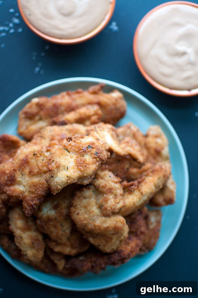 Crispy Breaded Chicken Tenders with 3-Ingredient Dipping Sauce 3 close-up of several breaded chicken tenders beside BBQ dip