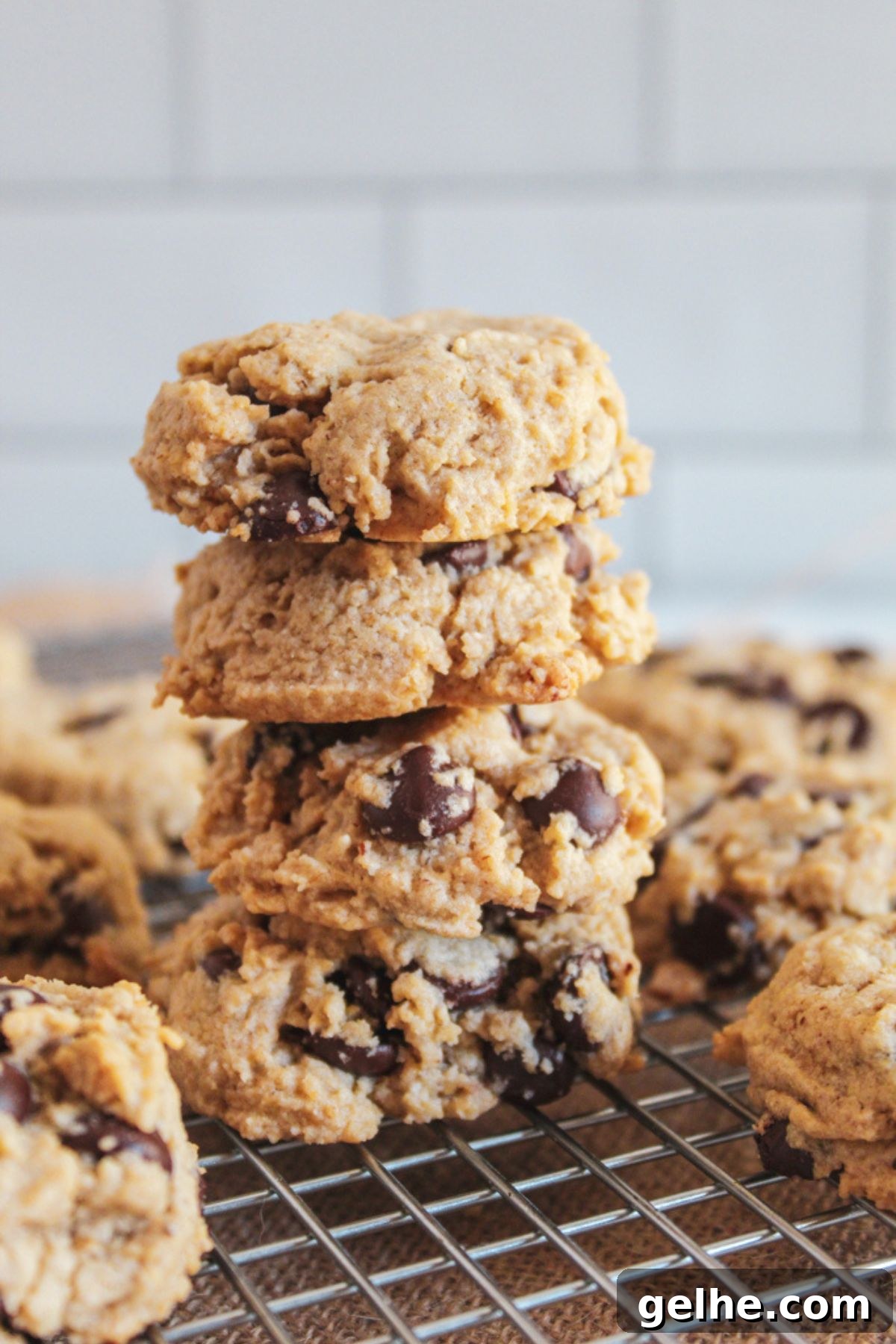 Oatmeal Flour Chocolate Chip Cookies: Secret to Soft, Chewy Texture 5 stack of baked oatmeal flour chocolate chip cookies