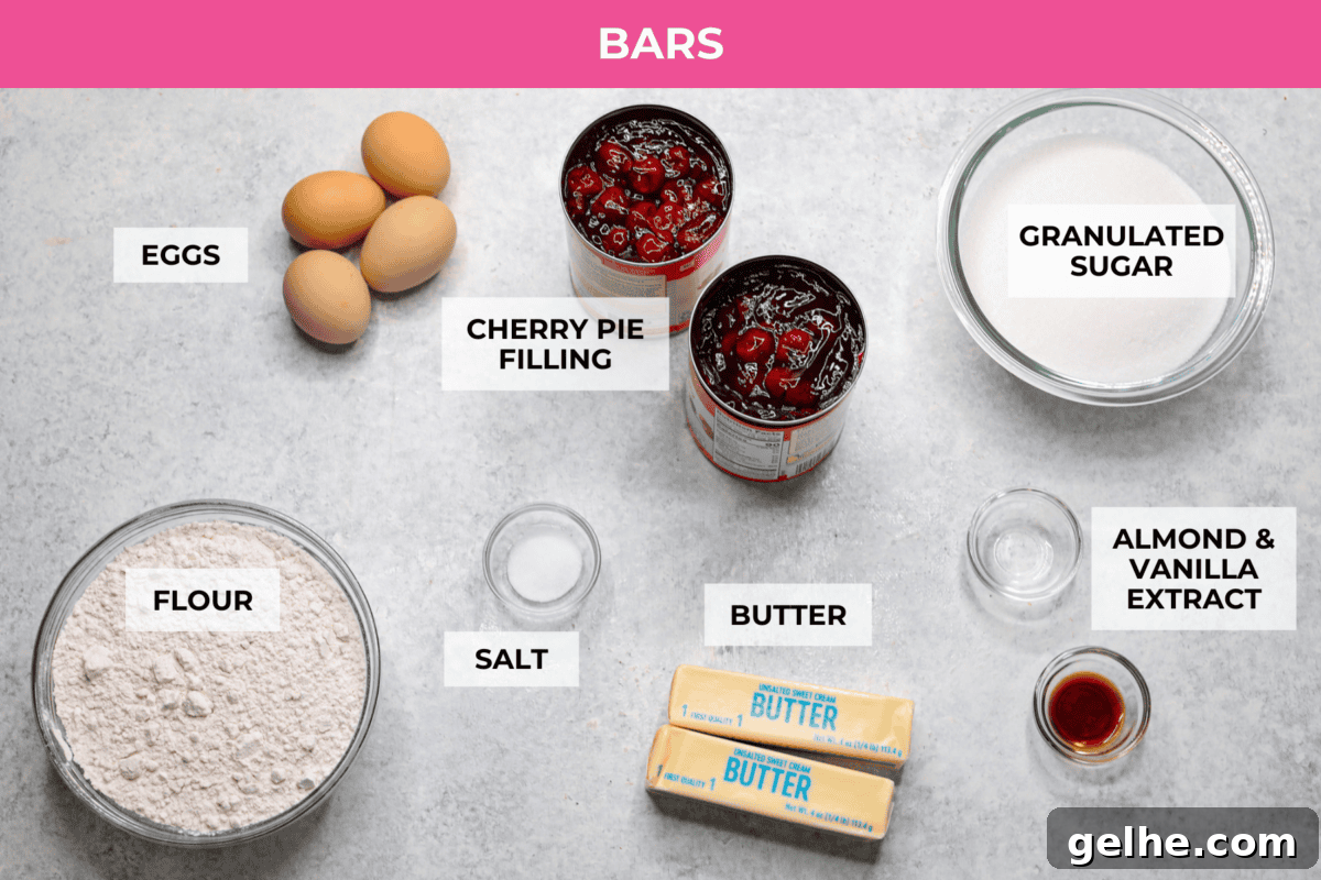 A top view of individual ingredients for the bars, each labeled.