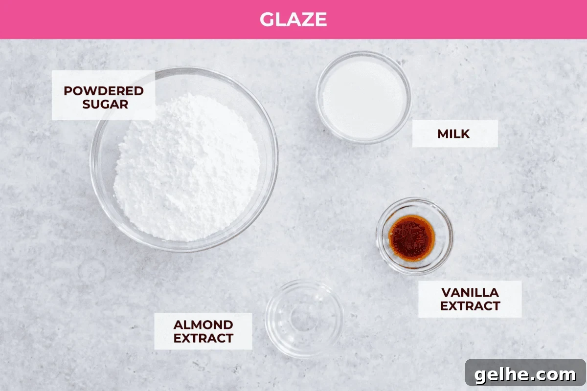 The top view of all of the glaze ingredients for the cherry pie bars, all labeled.
