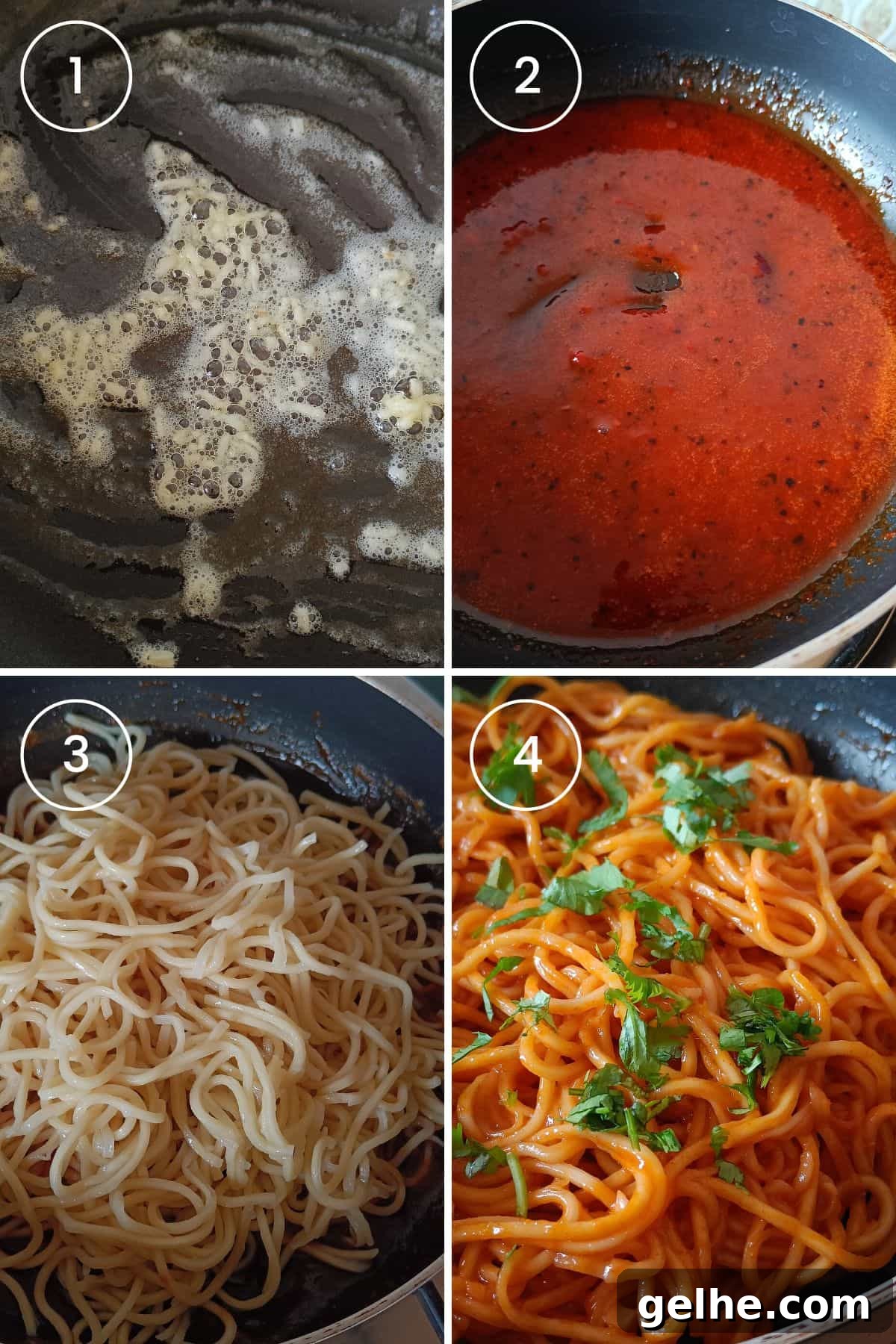 4 images showing sauteing garlic in butter, preparing the sauce, and tossing noodles in the gochujang buttered sauce.