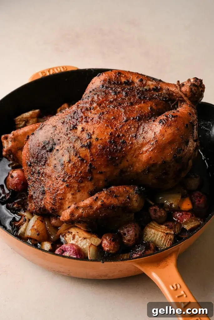 a skillet containing a whole roasted chicken surrounded by veggies