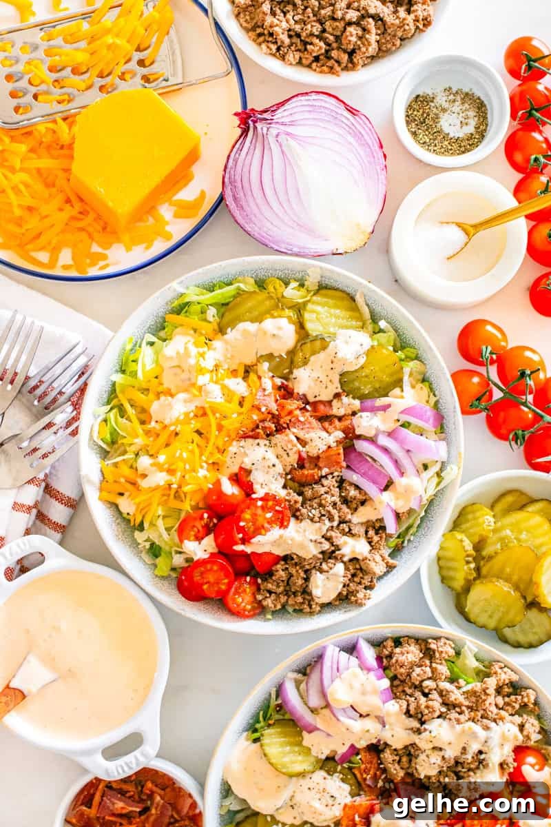 Big Mac Bowl Recipe: Homemade Cheeseburger Salad Bowl 2 a big mac bowl with lettuce, tomatoes, cheese, pickles, onion, bacon, and homemade mac sauce.