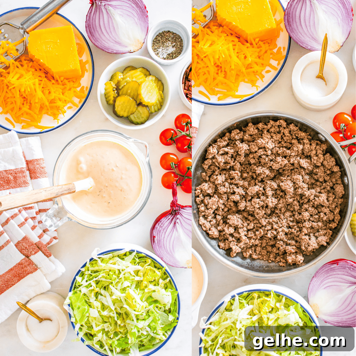 Big Mac Bowl Recipe: Homemade Cheeseburger Salad Bowl 4 a 2 image collage showing how to make homemade big mac sauce and how to brown ground beef.