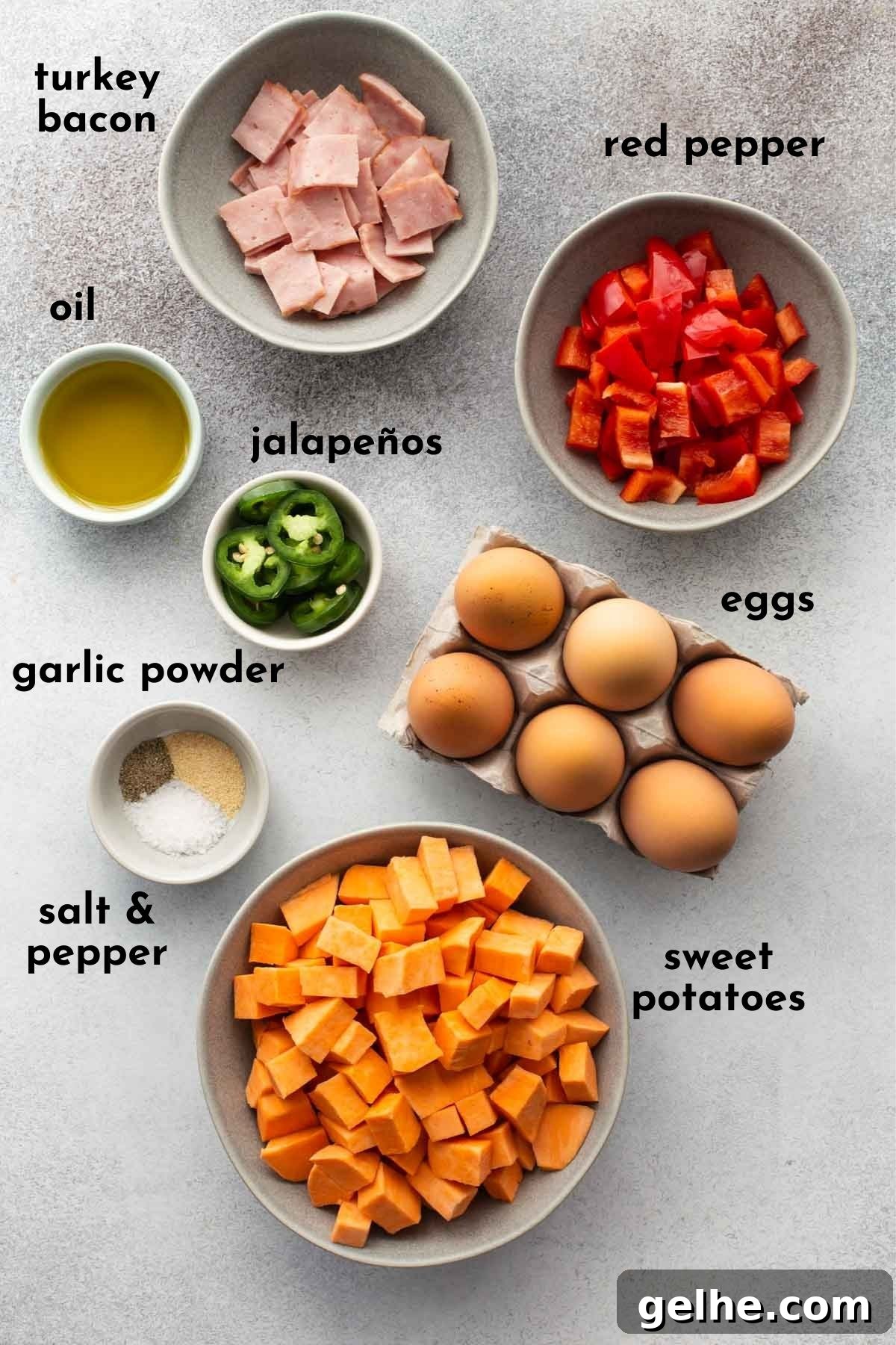 Ingredients to make sweet potato and turkey bacon frittata arranged individually and labelled.