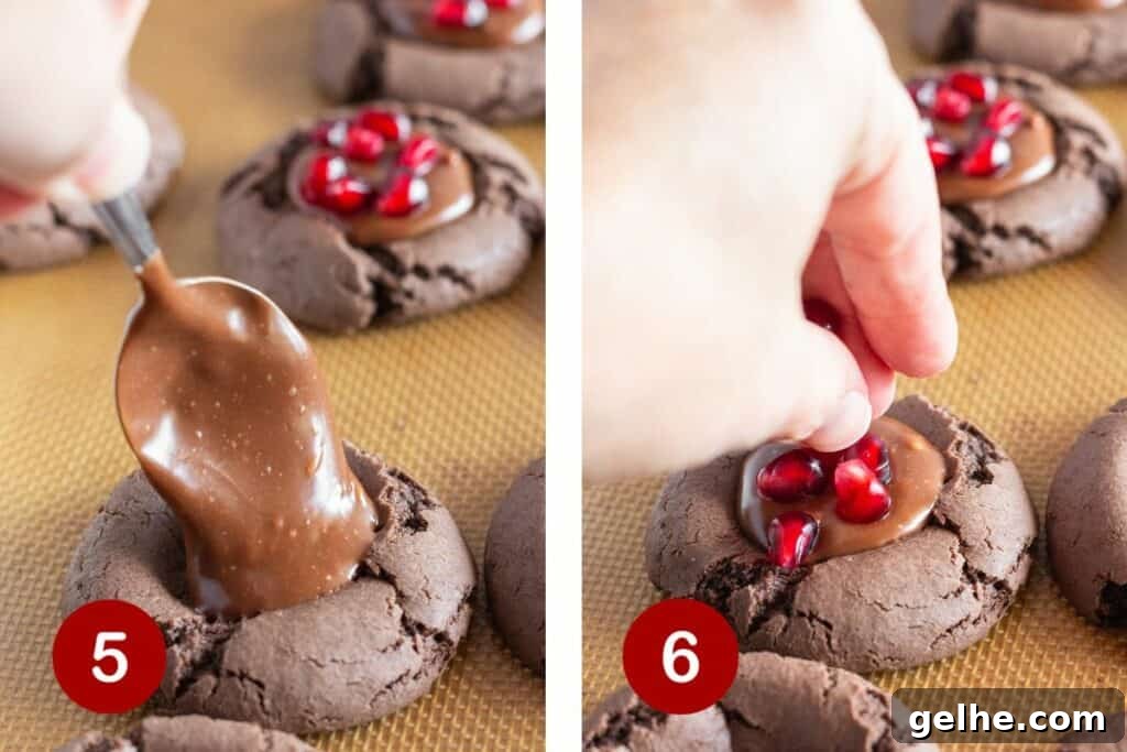 Steps 5 and 6 of making pomegranate cookies. 5, make truffle filling and fill cookie. 6, top with pomegranate seeds.