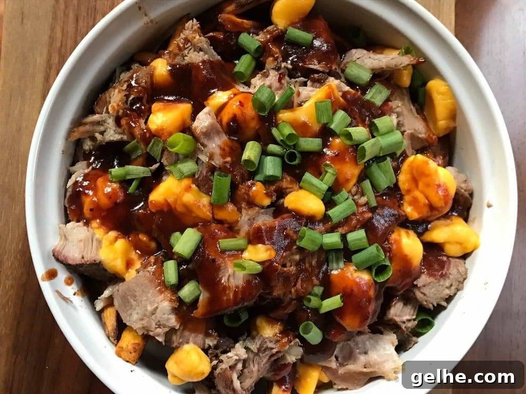 Carolina Poutine with Pulled Pork from TriadFoodies in a white dish with green onion garnish.
