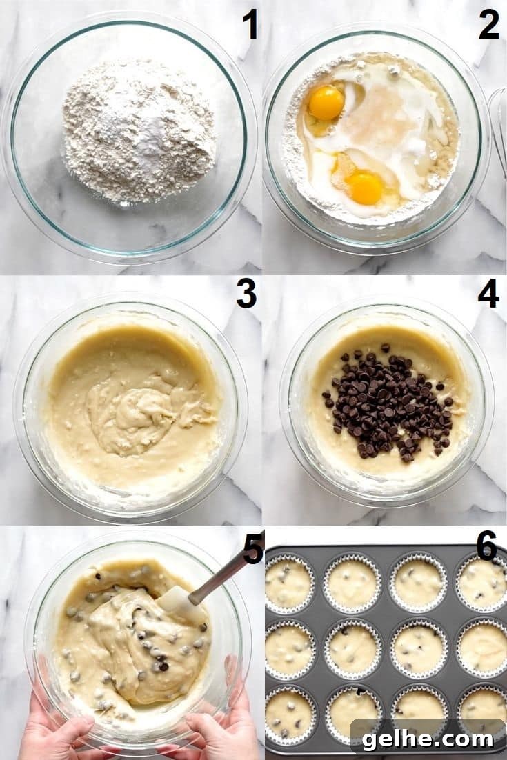 A photo collage showing six steps needed to make gluten-free chocolate chip muffins