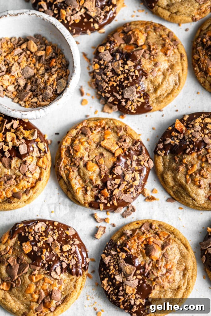 Chocolate-Dipped Peanut Butter Butterfinger Cookies