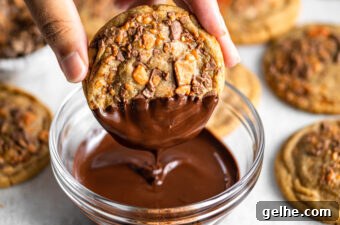 Chocolate-Dipped Peanut Butter Butterfinger Cookies